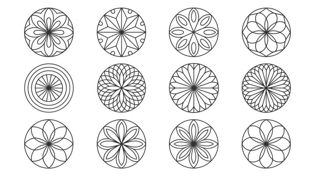 Set of minimalist floral mandala patterns simple line art vector design isolated on white background for coloring books