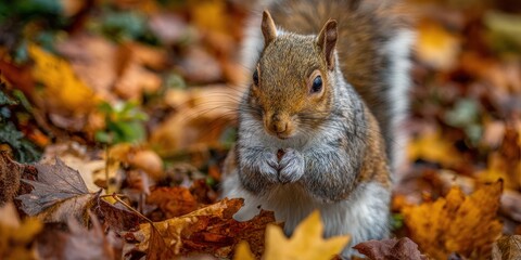 Close up of a grey squirrel holding a nut amidst fallen autumn leaves Animal