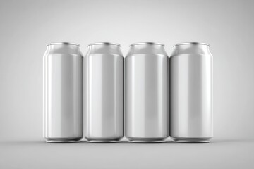 Four plain white aluminum cans arranged in a row on a light gray surface