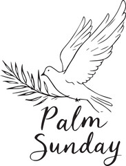 Dove with palm branch and Palm Sunday text in black and white Christian symbolic line illustration