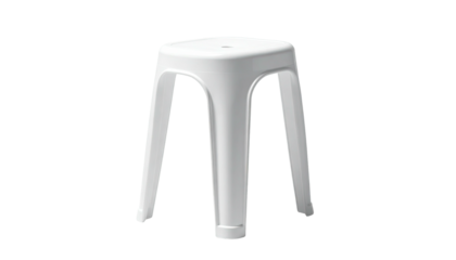 Simple white plastic stool with four legs on a black backdrop