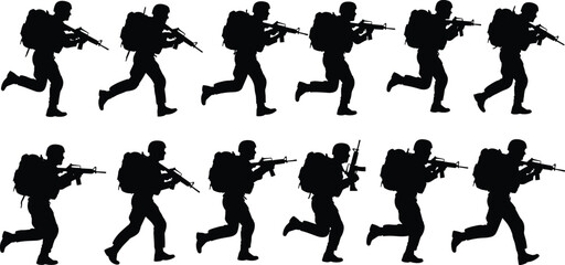 Soldier running silhouette set, military army men animation sprite, combat war vector illustration, infantry troops collection, special forces action, black fighter with gun, isolated