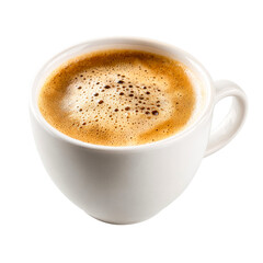 Hot beverage with frothy surface in white cup on a transparent background, cut out