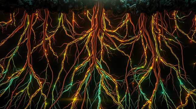 Vibrant Bioluminescent Network of Deep Tree Roots Abstract Digital Art Illustrating Electric Data Flow, Energy Transfer, and Complex Organic Connectivity in Dark Subterranean Soil
