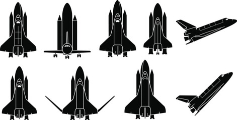 Space shuttle silhouettes set, rocket ship vector illustration, spaceship launch collection, black universe exploration icons, astronomy technology symbol, orbital flight transport, isolated on white
