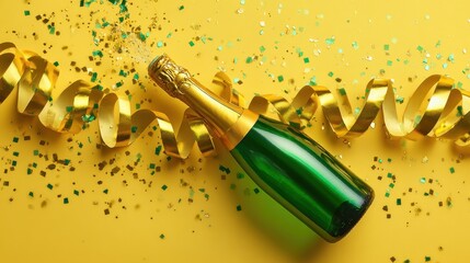 A green bottle of champagne lies amidst gold ribbon and scattered confetti on a yellow background