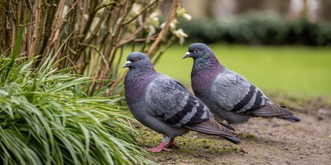 Two pigeons stand on the ground near lush green foliage with a blurred park background