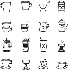 Grid of 16 black line icons of coffee cups, brewing tools, beans, and accessories in minimalist style