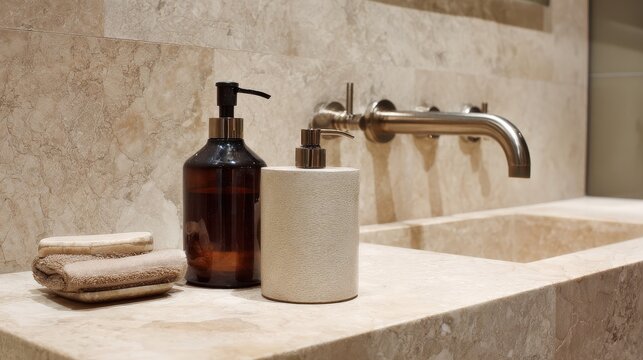 Earthy Elegance - A Carved Travertine Stone Sink with a Wall-Mounted Bronze Faucet and Minimalist Spa Accessories.