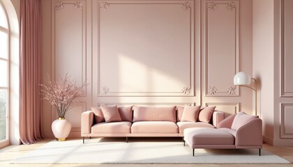 Elegant living room with pink sofa and classic wall molding. Sunlight streams from window onto furniture. Modern luxury apartment interior design features stylish couch lamp and vase for decor.