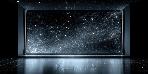 Futuristic room with a vast starry galaxy displayed on a large screen stars