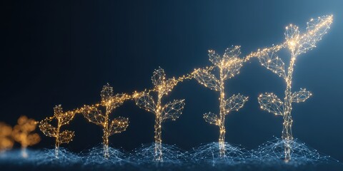 Illuminated polygonal plants grow in a digital network showing an upward trend with glowing elements