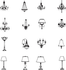 Elegant Lighting Fixture Icon Set: Classic Chandeliers, Pendant Lights, and Table Lamps Vectors