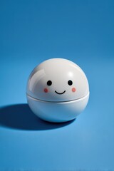 A white spherical object with a simple happy face design sits on a blue background with dramatic shadows
