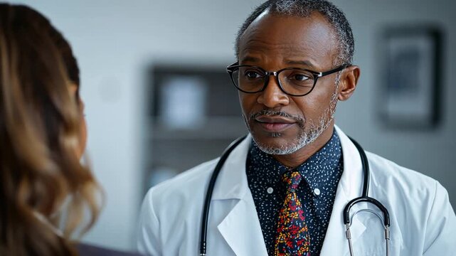 Experienced African American male doctor in a white coat with a stethoscope is attentively listening to an unrecognizable female patient during a healthcare consultation