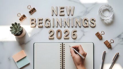 New Beginnings 2026 Workspace — Journaling and Planning on Marble Desk