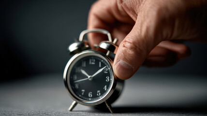 A person's hand setting the time on an alarm clock
