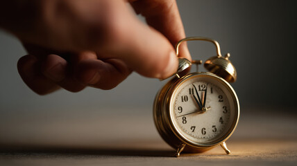 Close-up shot of hand adjusting a vintage alarm clock, emphasizing time, deadlines, and deadlines