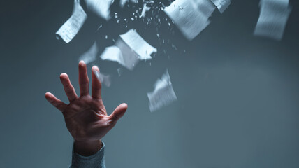 Papers flying in the air as a hand attempts to catch them. The scene suggests a chaotic and overwhelmed situation