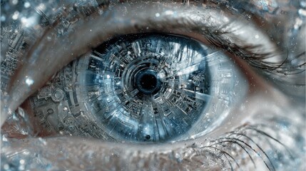 Extreme close up of a human eye with mechanical futuristic circuitry replacing the iris and pupil
