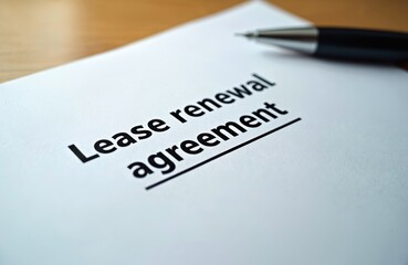 Fototapeta premium Lease renewal agreement document ready for signing. A pen rests on the paper, suggesting official business. Legal papers for property or tenancy.