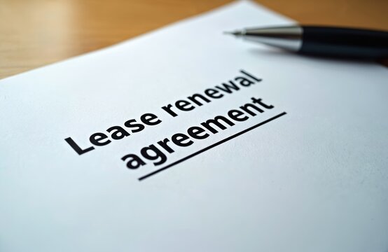 Lease renewal agreement document ready for signing. A pen rests on the paper, suggesting official business. Legal papers for property or tenancy.