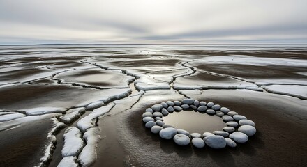 静かな海岸に、石で丁寧に作られた円が穏やかにたたずみ、独特の美しさを放っています。