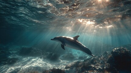 Dolphin swimming gracefully through clear ocean water with sun rays illuminating the underwater scene during midday