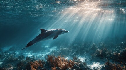 Obraz premium Majestic dolphin gliding gracefully through sunlit waters near coral reef in vibrant marine ecosystem