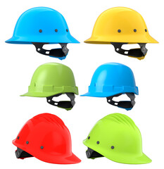 Set of construction safety helmets isolated on white transparent background, symbolizing safety and industry standards
