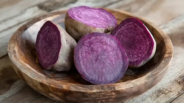 Sliced purple sweet potatoes rest in a wooden bowl on a rustic surface.