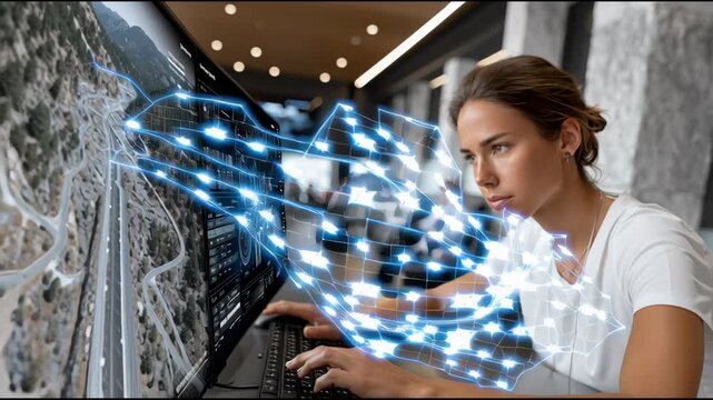 A woman is working on a computer with a monitor displaying a map. She is focused on her work and she is in a serious mood