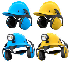 Protective helmets with mounted LED headlamps isolated on white background with clipping path, safety construction equipment