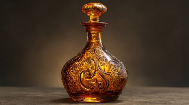 Elegant amber glass decanter with intricate design on a textured surface illuminated by soft backlighting in a warm setting