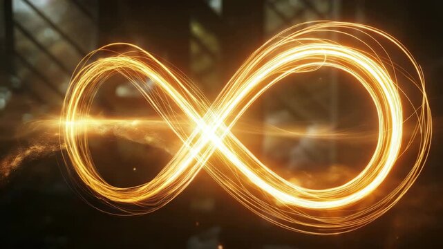 Glowing golden infinity symbol made of light trails on a dark background representing eternity and endless possibilities