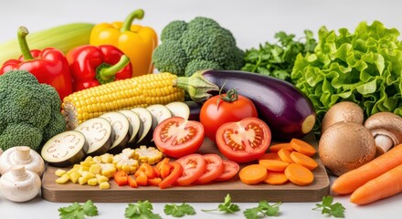 Fresh healthy raw vegetables including tomato, pepper, onion, carrot, and cucumber isolated on white