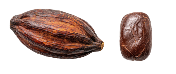 Two cocoa beans, one pod and one seed, on black