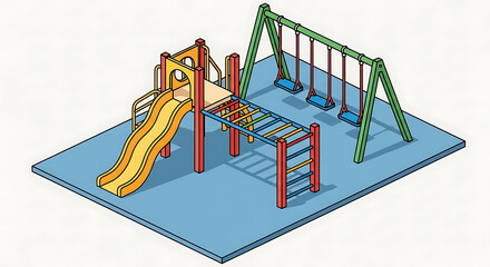 Isometric illustration of a colorful children's playground with slide, monkey bars, and swing set on a blue ground.