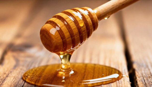 honey dripping slowly from wooden dipper, macro, golden lighting