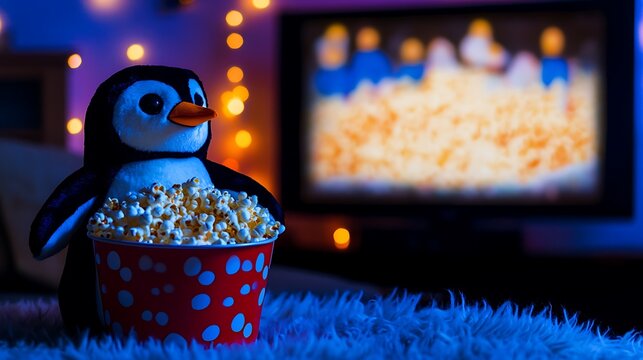 Stuffed penguin watching TV with a bucket of popcorn