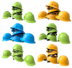 Set of construction safety helmets isolated on white transparent background, symbolizing safety and industry standards