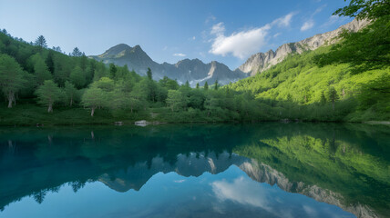 Mountain lake illustration showcasing clear blue water reflecting lush green trees and majestic peaks under a bright sky