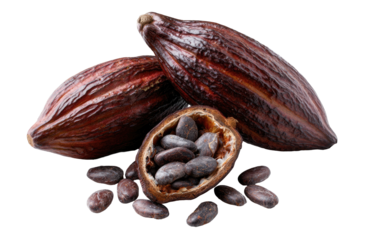 Rich, dark cocoa pods and beans on a black background
