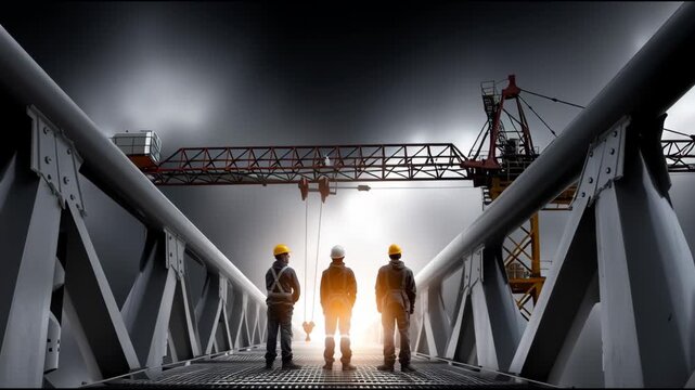 Three men are standing on a bridge, looking at something in the distance. The sky is cloudy and the bridge is made of metal