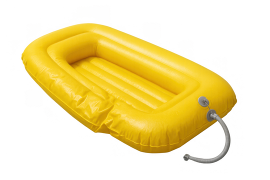 Yellow inflatable boat for emergency safety and water recreation, isolated, deflated, transparent background