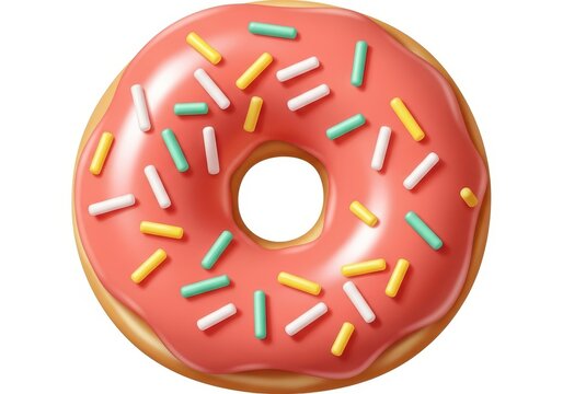 Delicious donut with pink icing and colorful sprinkles isolated on white background, a sweet treat for any occasion