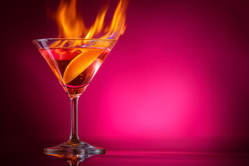 Ignite the Night Stunning flaming cocktail with orange peel on vibrant fuchsia background for upscale bar promotions and exciting event invitations