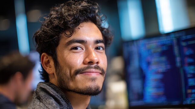 Young man working at a computer in a modern office setting, engaged in programming tasks during daytime hours