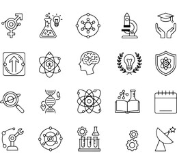 Naklejka premium Science, education, and technology line icon set showcasing various research, learning, and discovery symbols for web and print applications. Vector