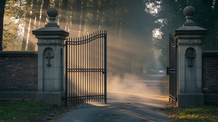 Ornate metal gate at a mystical forest entrance with sunbeams